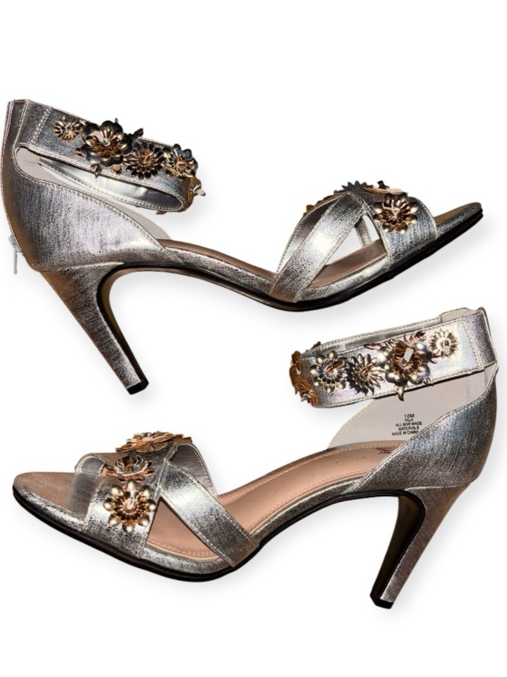 IMPO Silver Floral Accent Open-Toe Stiletto Heels, NWOB